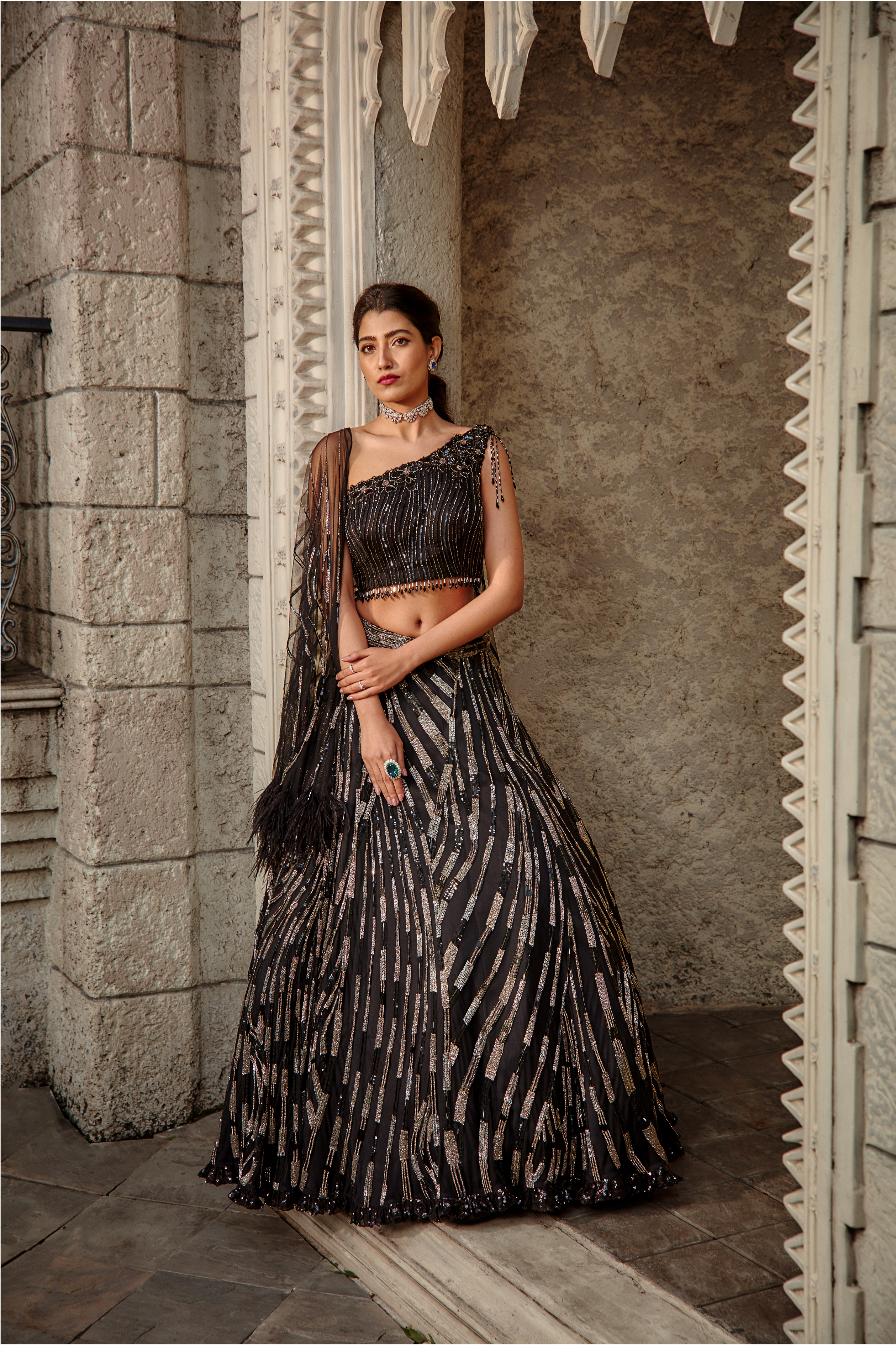 Black Tulle Lehenga Set with Sequin & Feather Embellishments