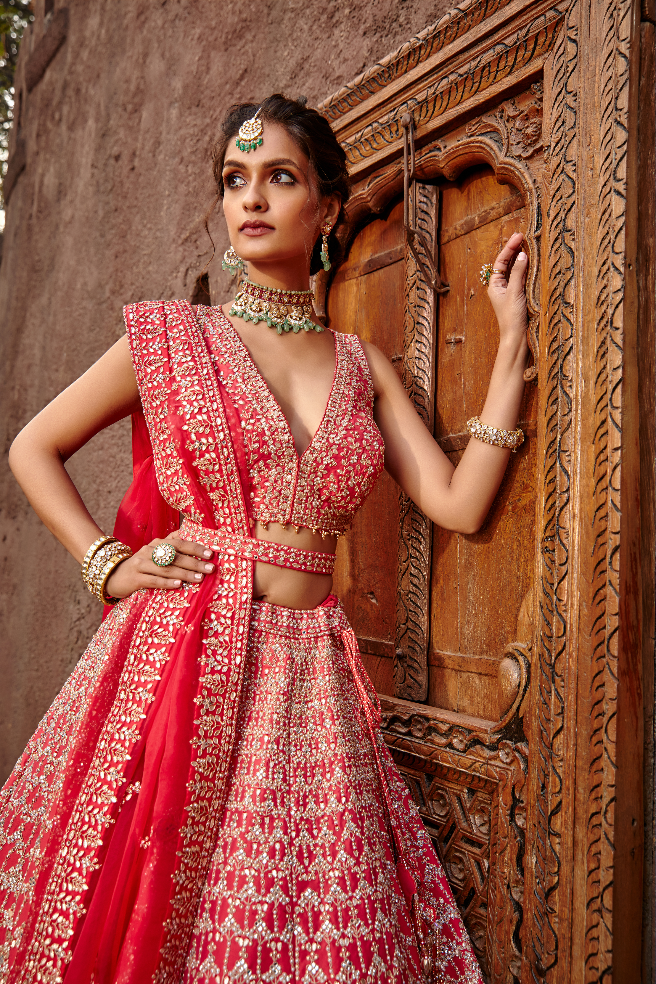 Coral Raw Silk Gota Work Lehenga Set for Bridal Occasions