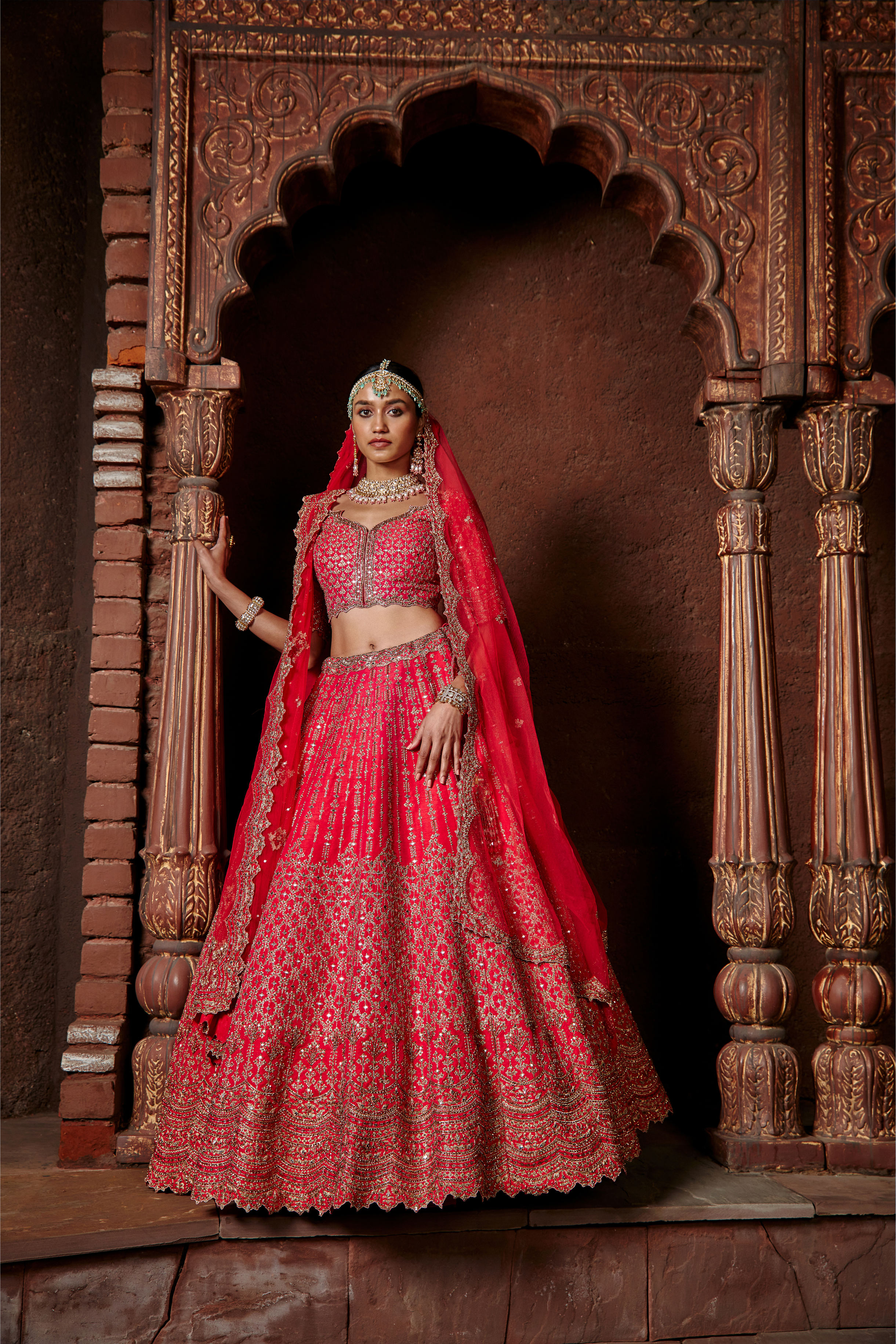 Fuchsia Red Raw Silk Lehenga with Gold Zari and Mirror Work