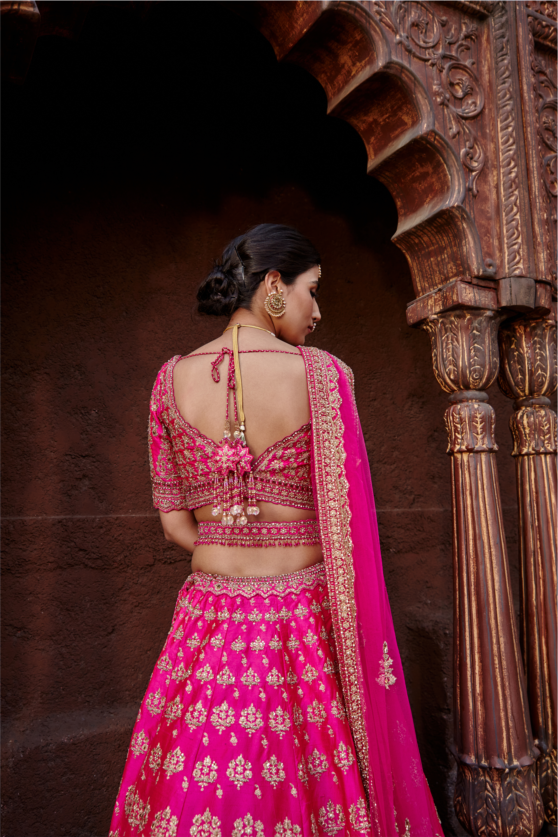 Fuchsia Raw Silk Lehenga Set with Antique Zari Embroidery