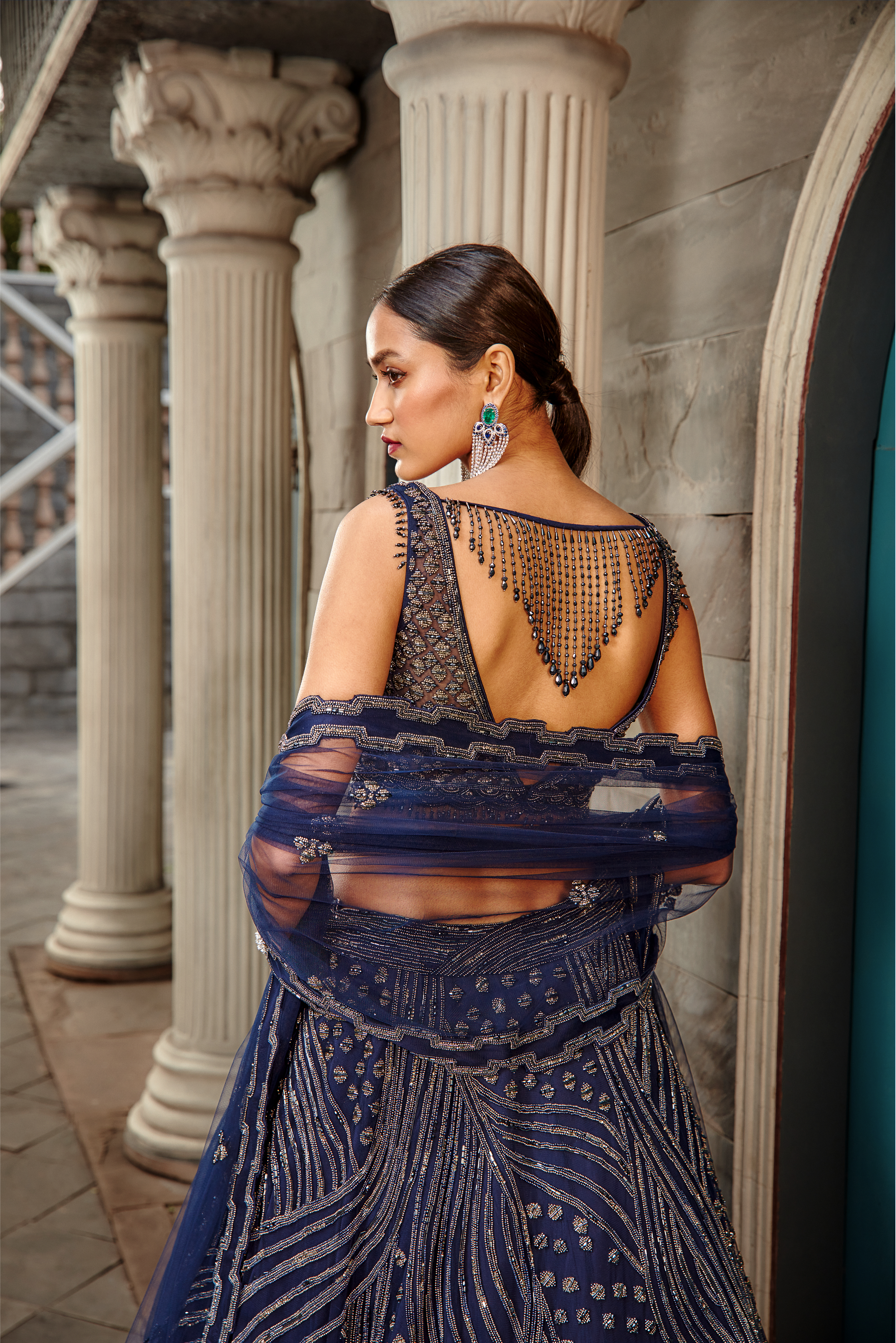 Navy Blue Net Lehenga Set with Geometric Metallic Beadwork