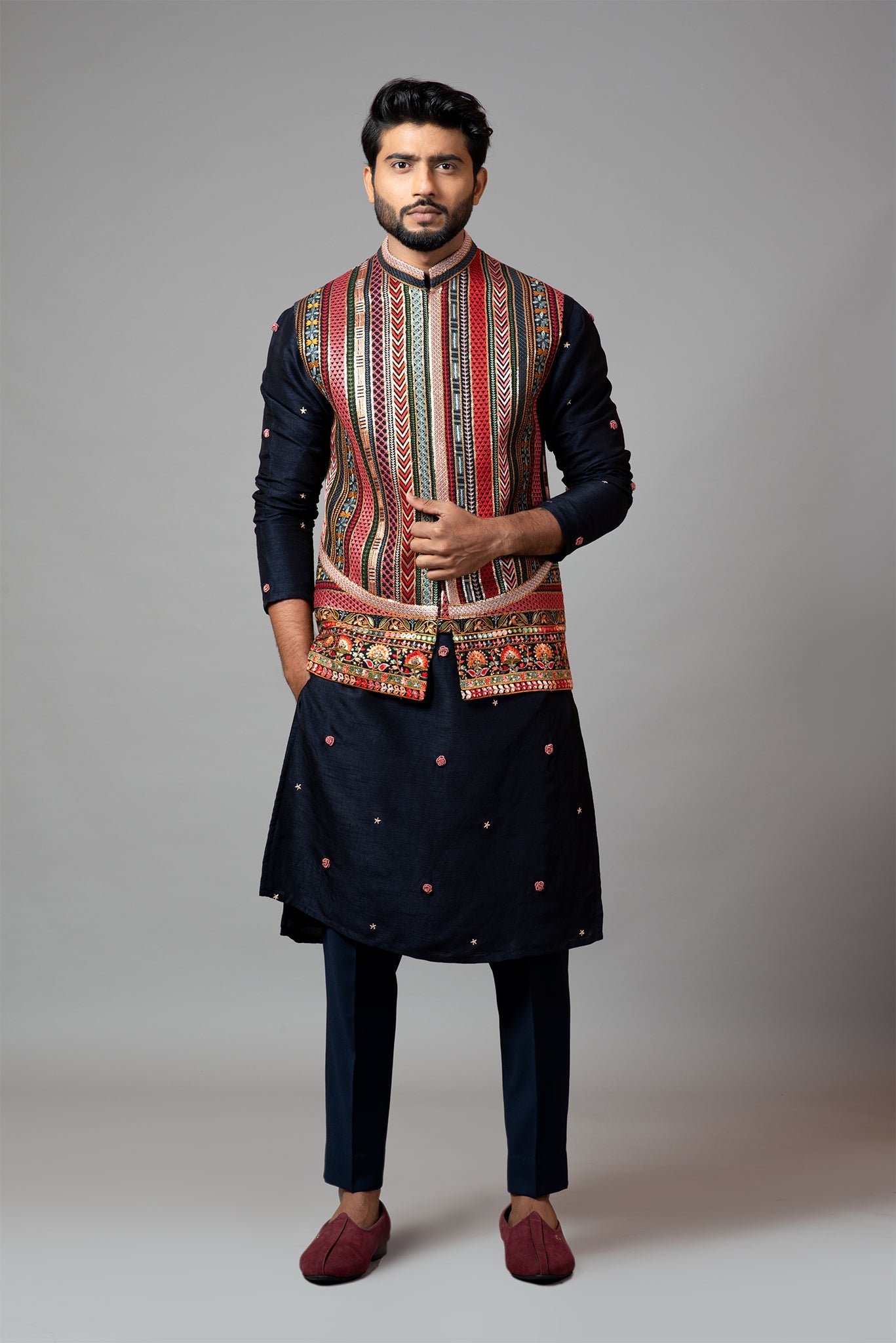 Multicolour Chikankari Nehru with Bullion Rose Embroidered kurta Set