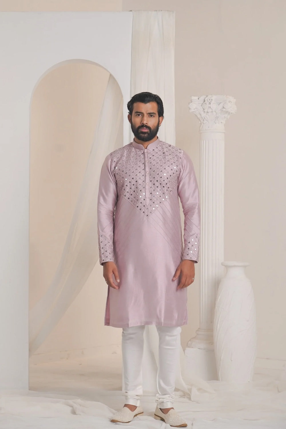 Lilac silk kurta set with mirror work