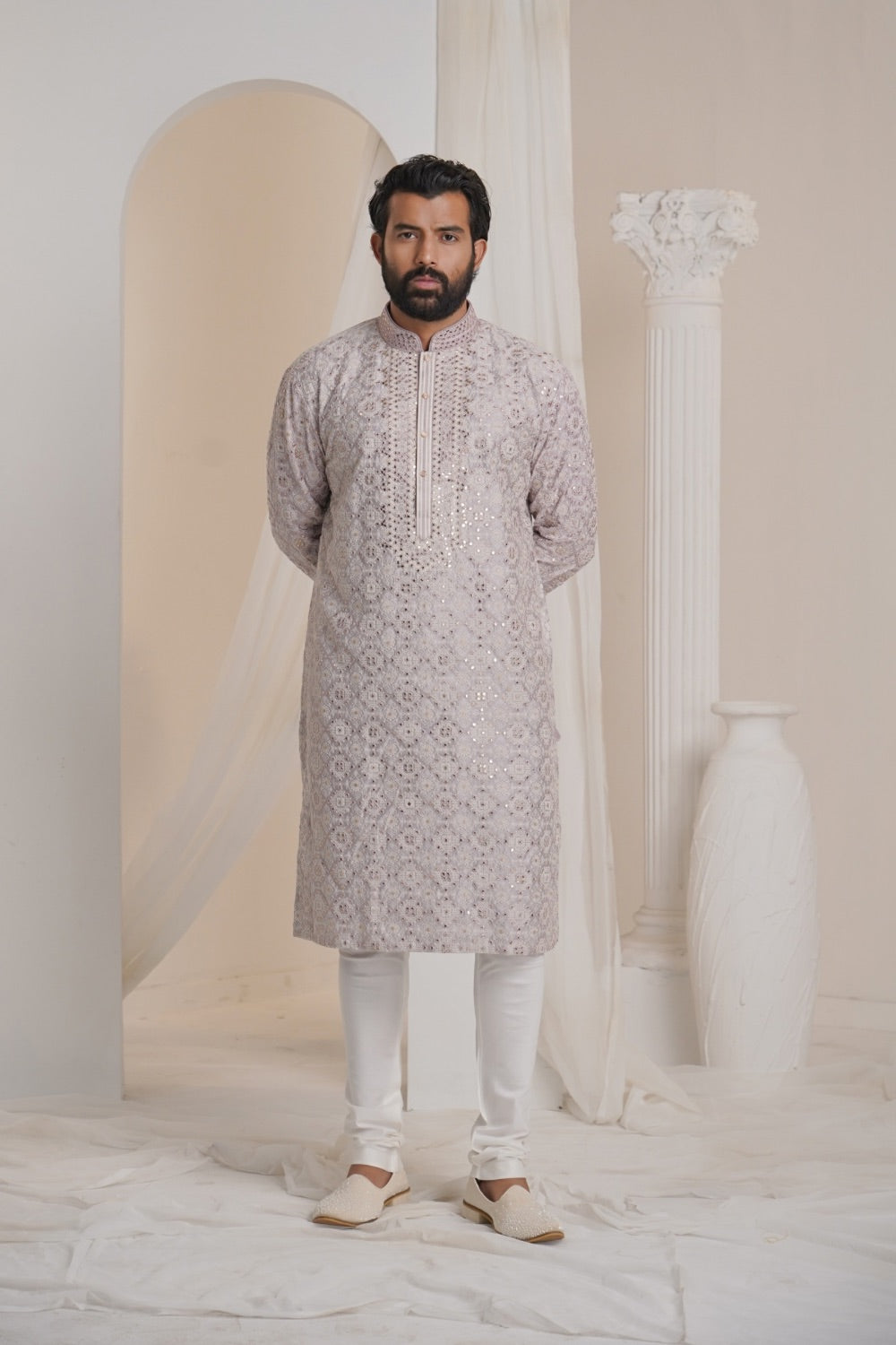 Lilac silk mirror embroidered kurta set