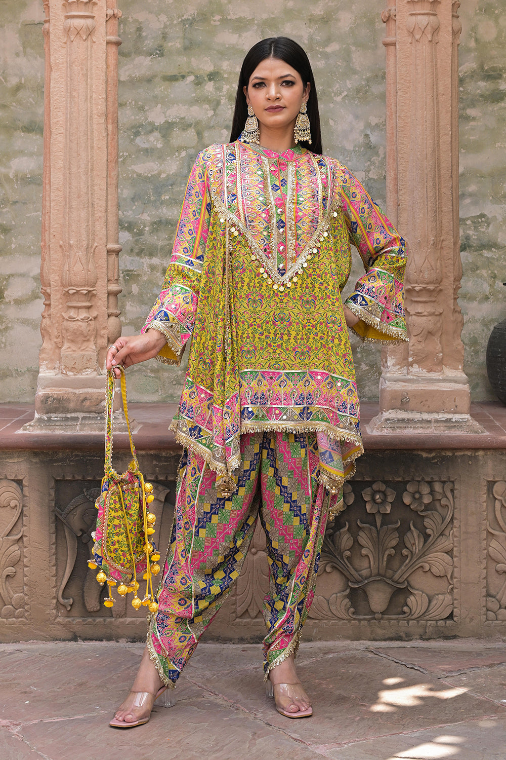 Lime Green Viscose Crepe Suit Set with Tulip Pants - Festive Wear