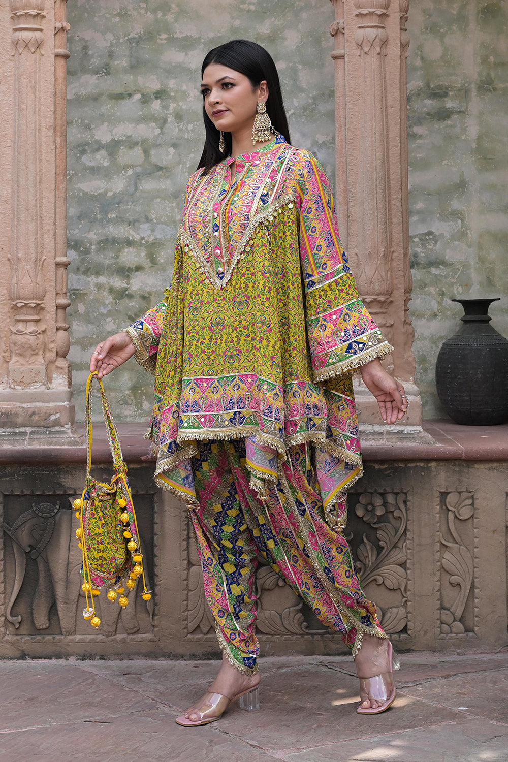 Lime Green Viscose Crepe Suit Set with Tulip Pants - Festive Wear