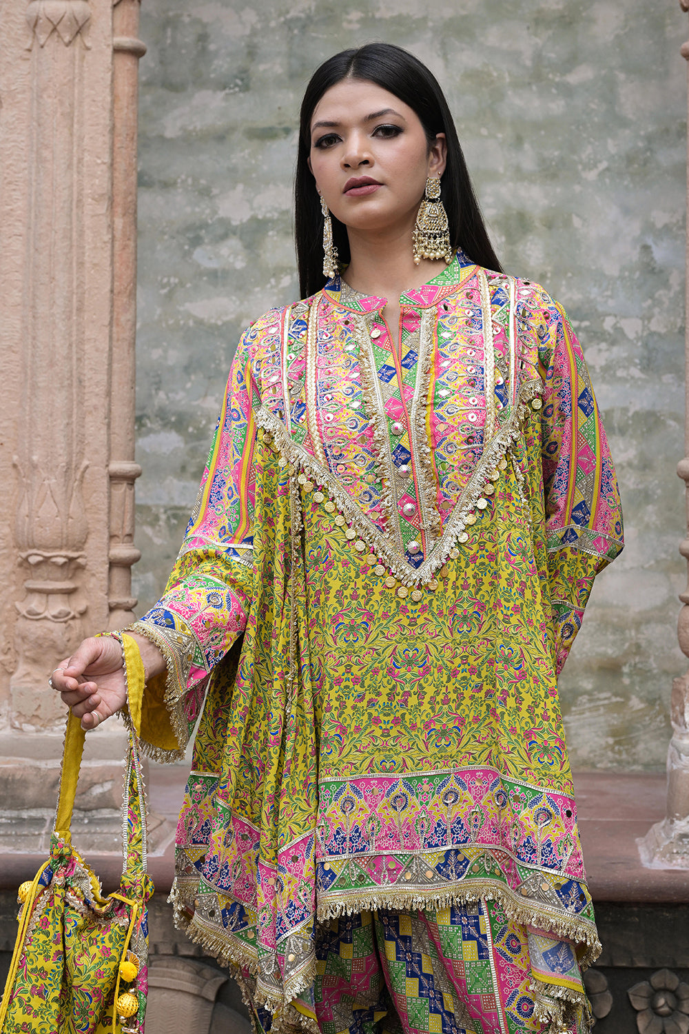 Lime Green Viscose Crepe Suit Set with Tulip Pants - Festive Wear