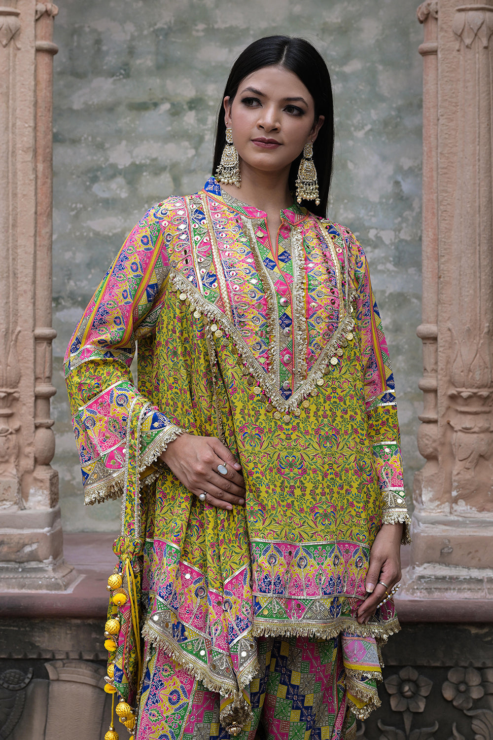 Lime Green Viscose Crepe Suit Set with Tulip Pants - Festive Wear