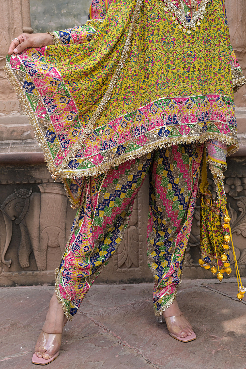 Lime Green Viscose Crepe Suit Set with Tulip Pants - Festive Wear