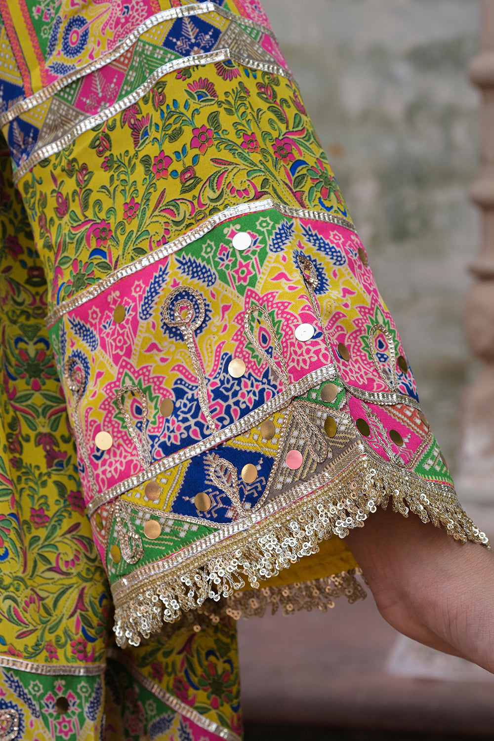 Lime Green Viscose Crepe Suit Set with Tulip Pants - Festive Wear