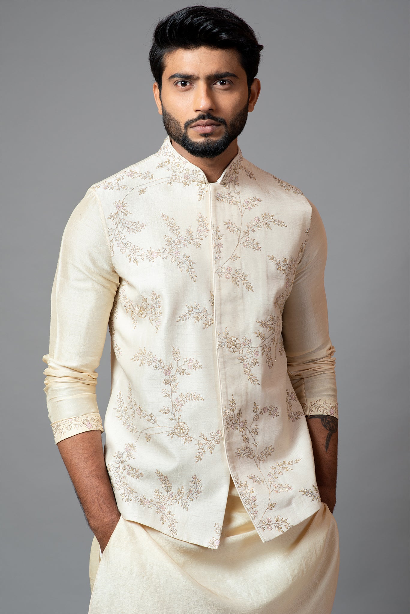 Off White Nehru Jacket With Delicate Jaal Embroidery