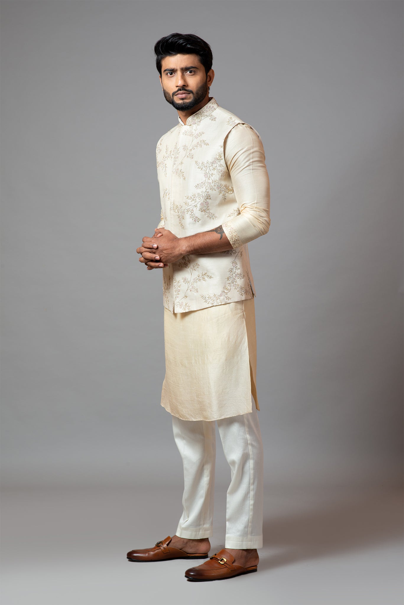 Off white Nehru Sacket with Delicate Jaal Embroidery Paired with a Tonal Kurta Set