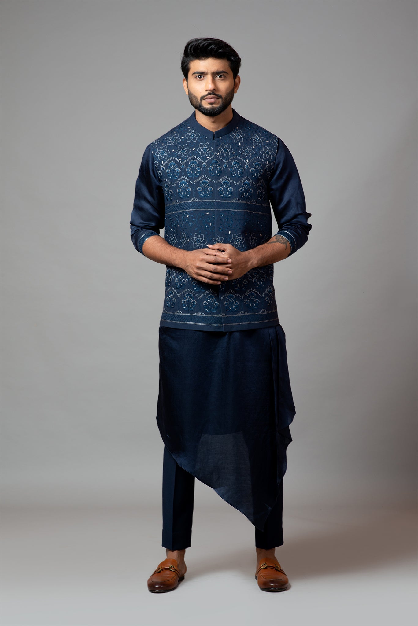 Navy Blue Kora Nehru  jacket with Mughal inspired embroidery paired with a drape kurta  set