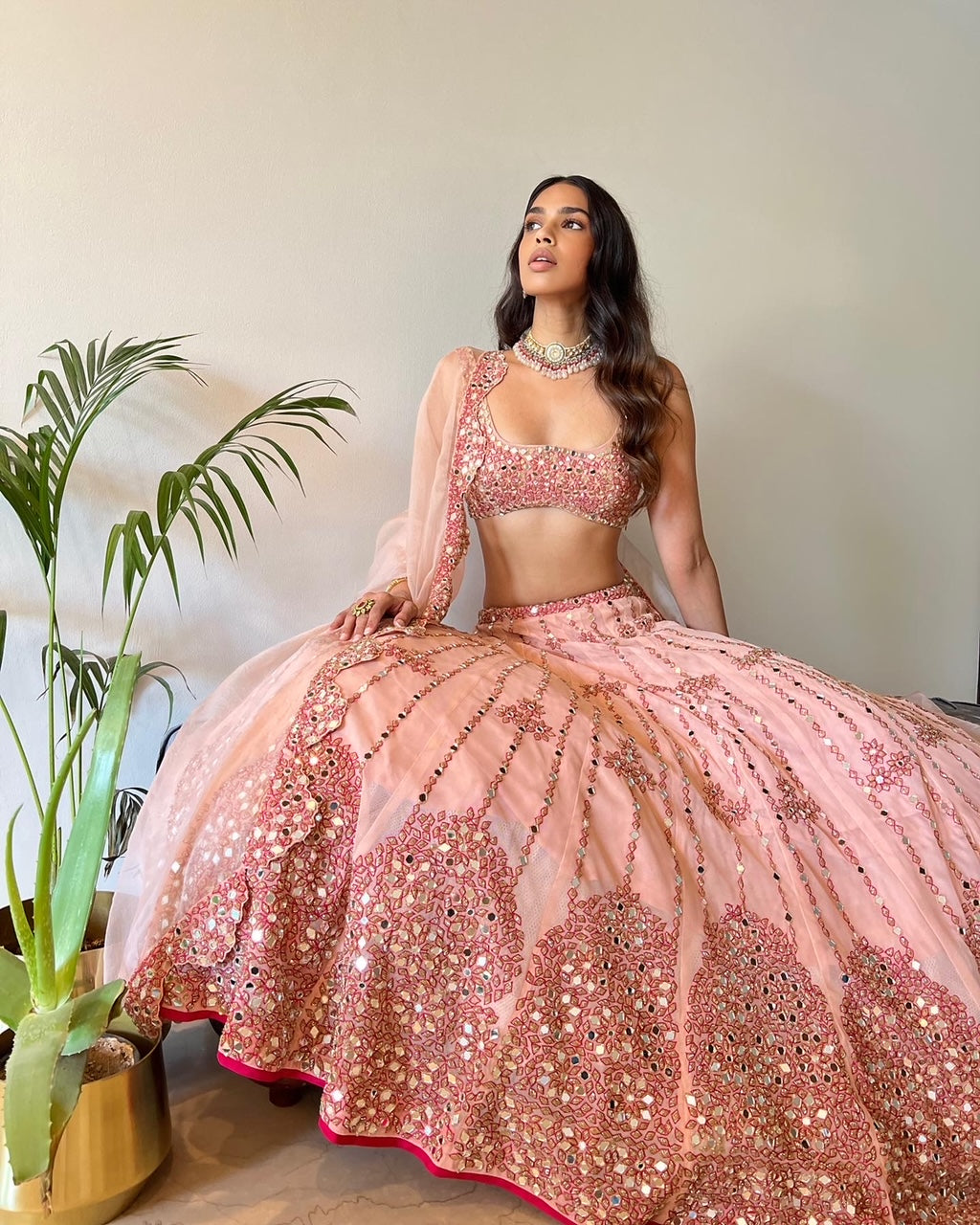 Peach Net Mirror Embroidered Lehenga Set