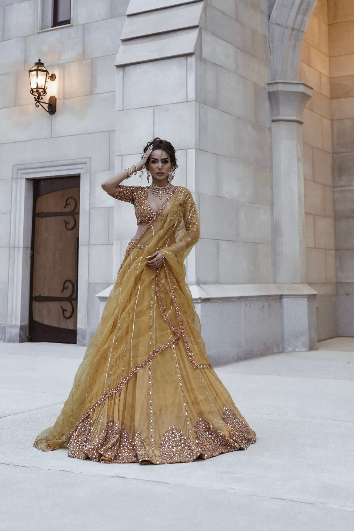 Yellow Tulle Mirror Embroidered Lehenga Set