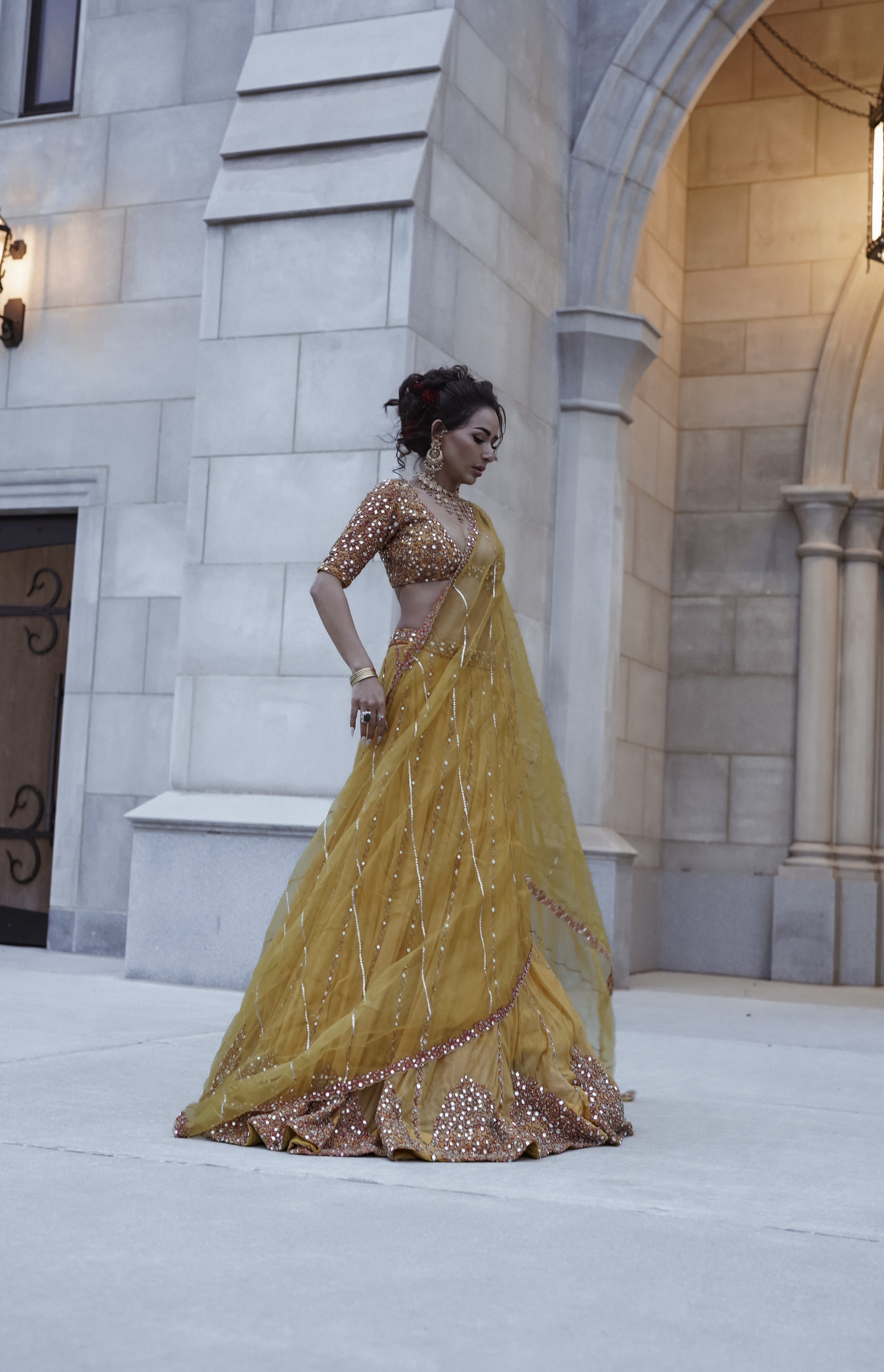 Yellow Tulle Mirror Embroidered Lehenga Set