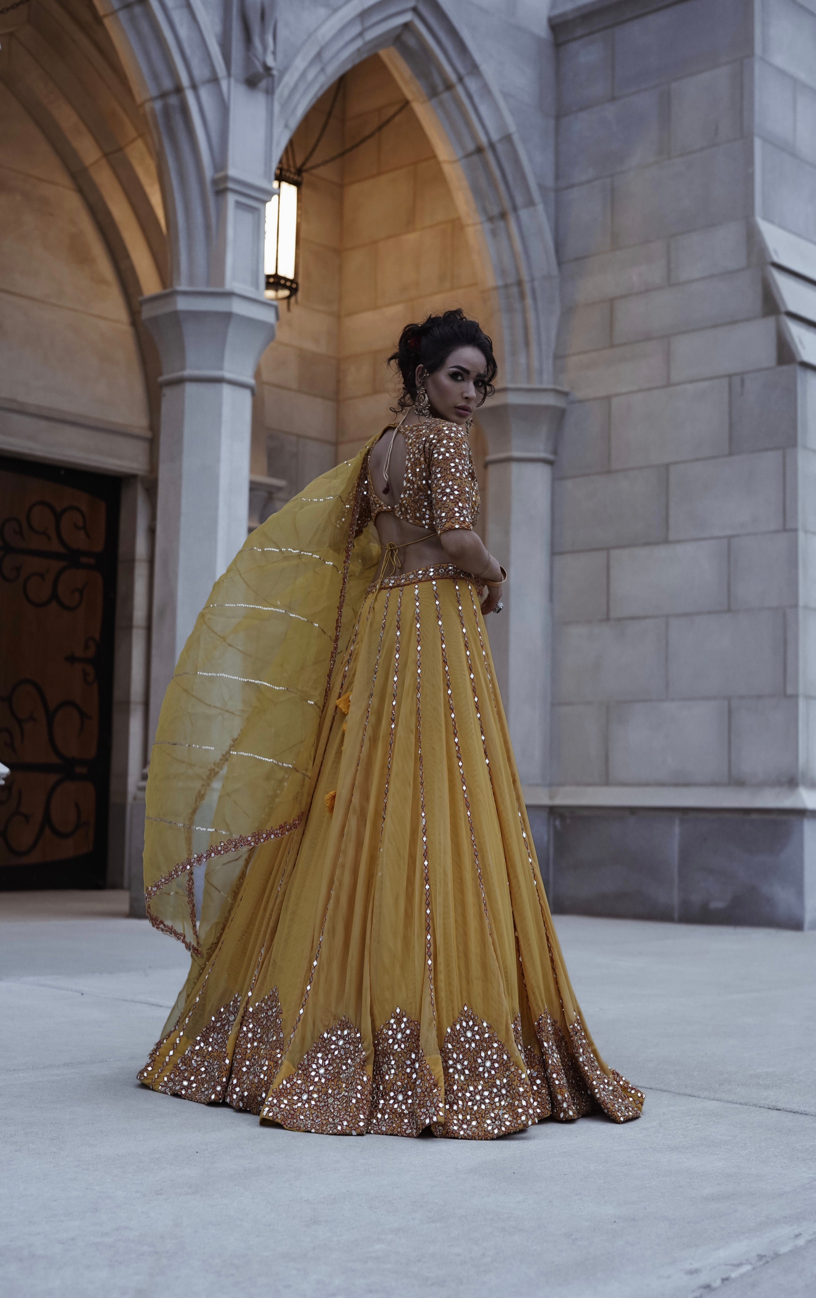 Yellow Tulle Mirror Embroidered Lehenga Set