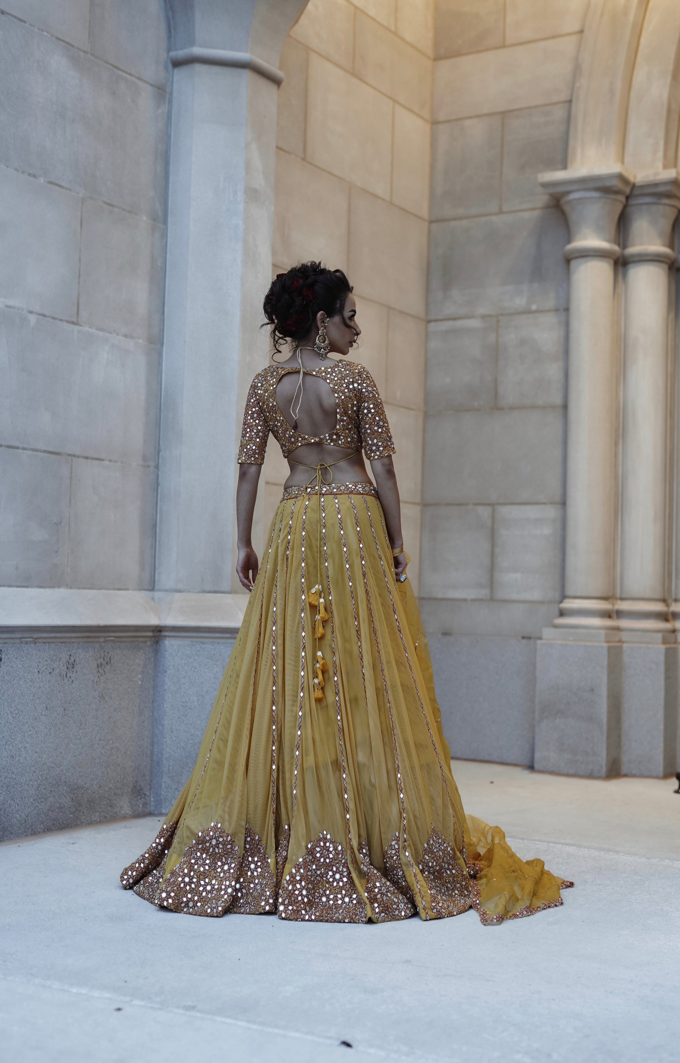 Yellow Tulle Mirror Embroidered Lehenga Set