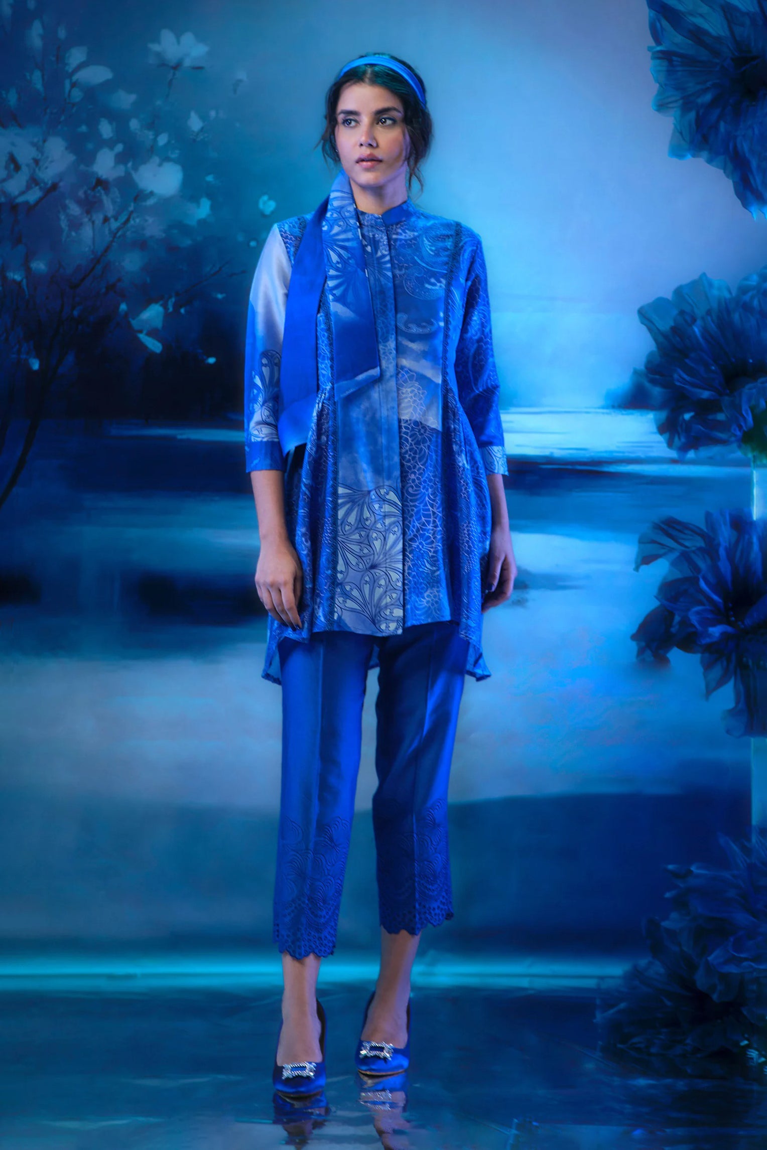 Indigo Co-ord Ensemble with Cutwork Pant Scarf