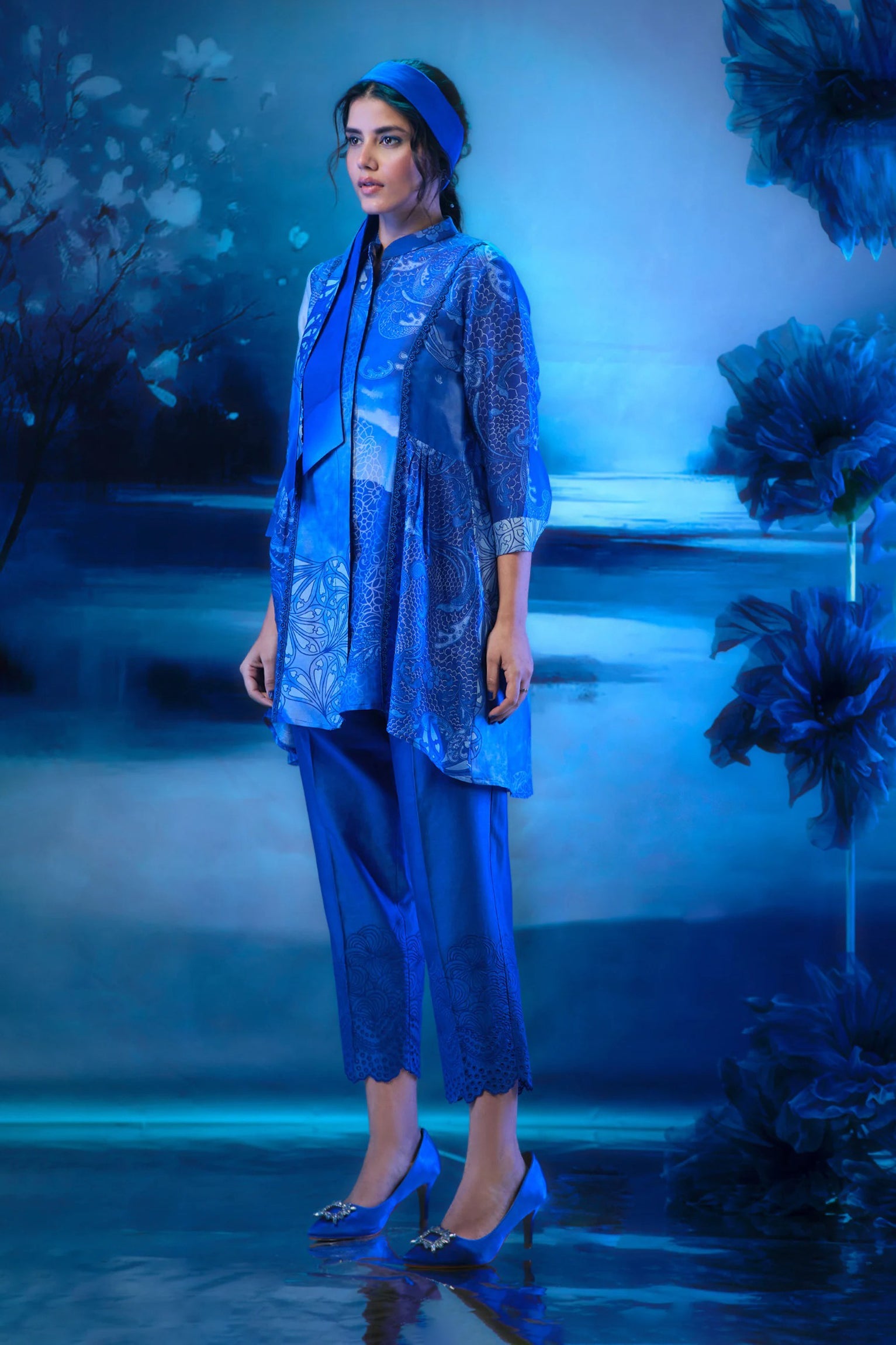 Indigo Co-ord Ensemble with Cutwork Pant Scarf