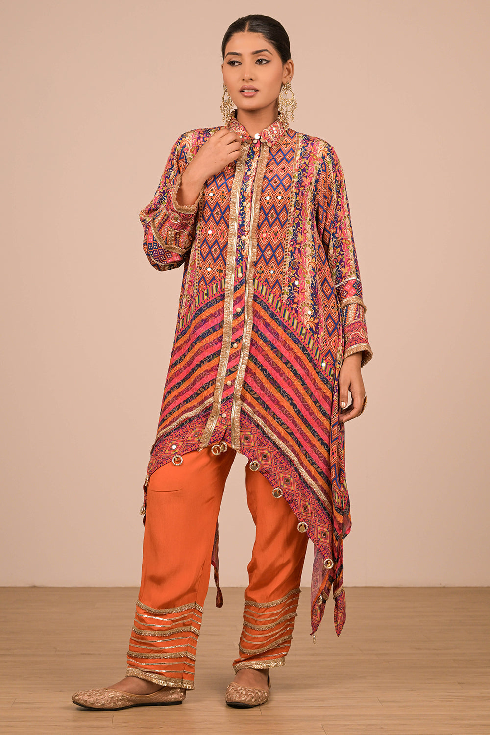 Asymmetrical Orange Kurta Set In Creope with Canvas Tote Bag