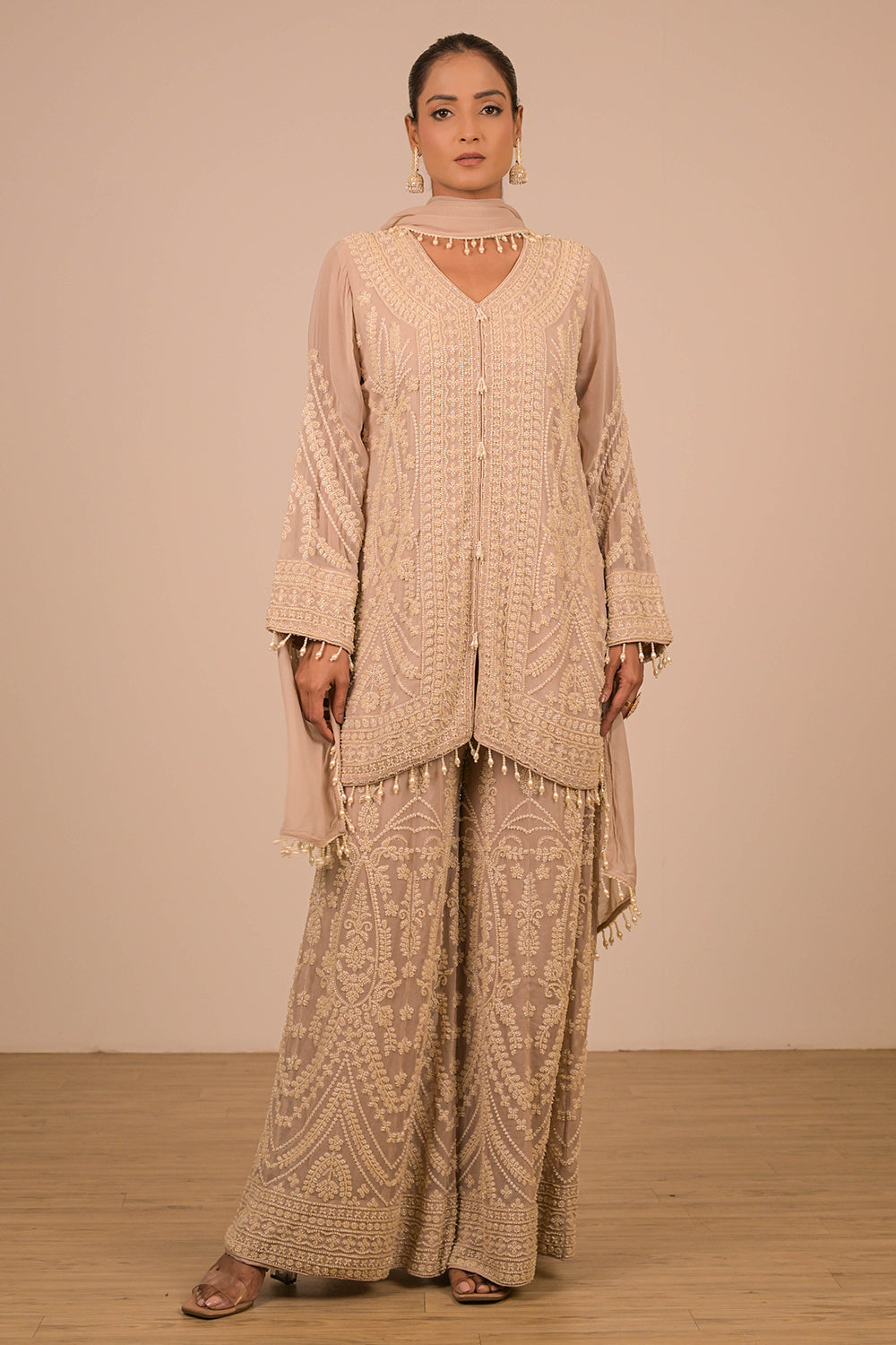 Lavender  Georgette Sharara Set with Intricate Moti Embroidery