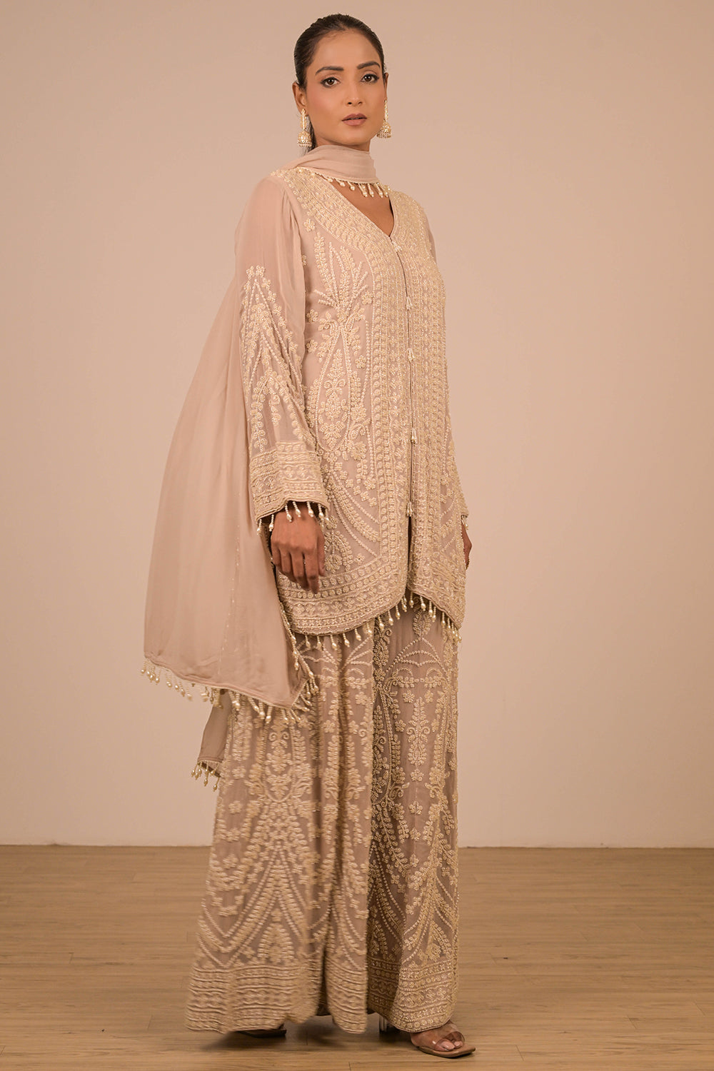 Lavender  Georgette Sharara Set with Intricate Moti Embroidery