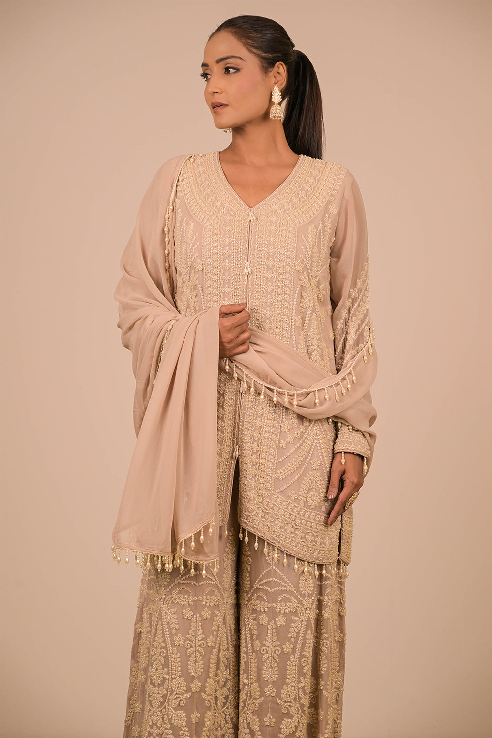 Lavender  Georgette Sharara Set with Intricate Moti Embroidery