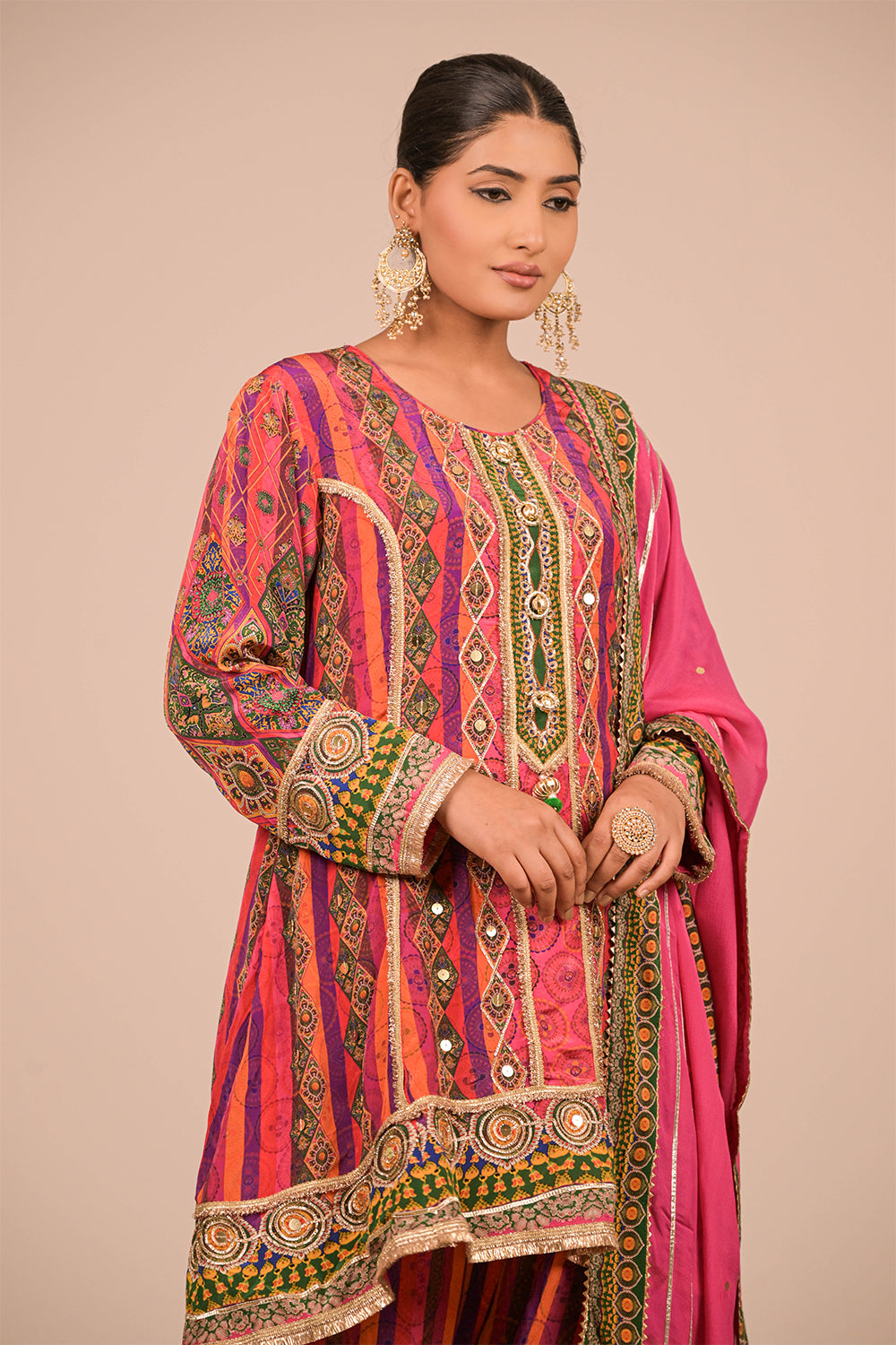 Magenta Crepe Suit Set with Farsi Salwar & Tribal Prints