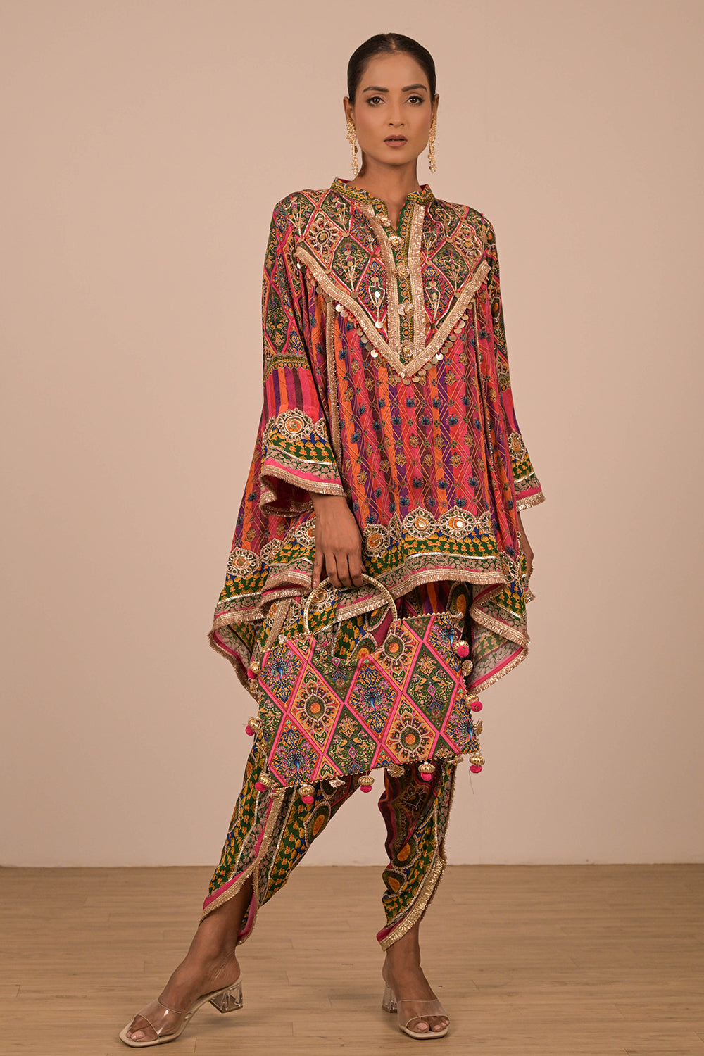 Magenta Viscose Crepe Suit with Tulip Pants & Festive Tote Bag
