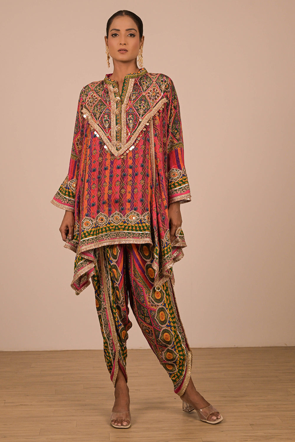 Magenta Viscose Crepe Suit with Tulip Pants & Festive Tote Bag
