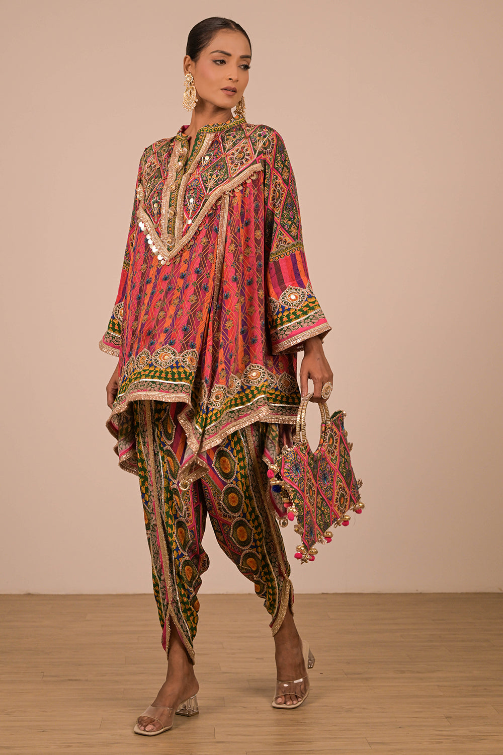 Magenta Viscose Crepe Suit with Tulip Pants & Festive Tote Bag
