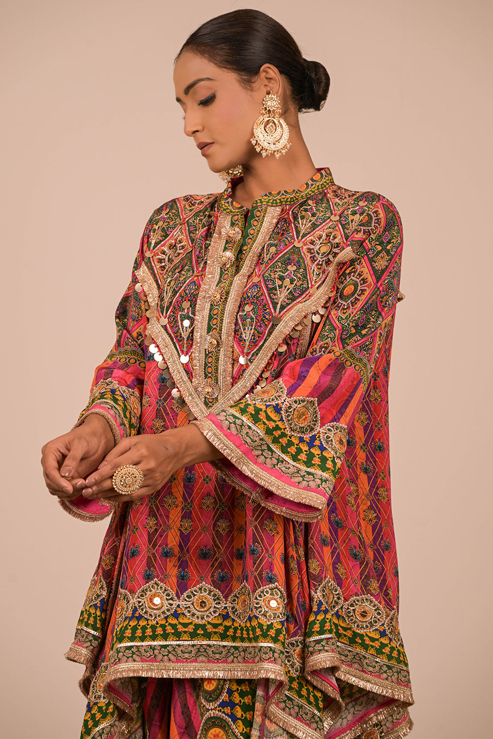 Magenta Viscose Crepe Suit with Tulip Pants & Festive Tote Bag