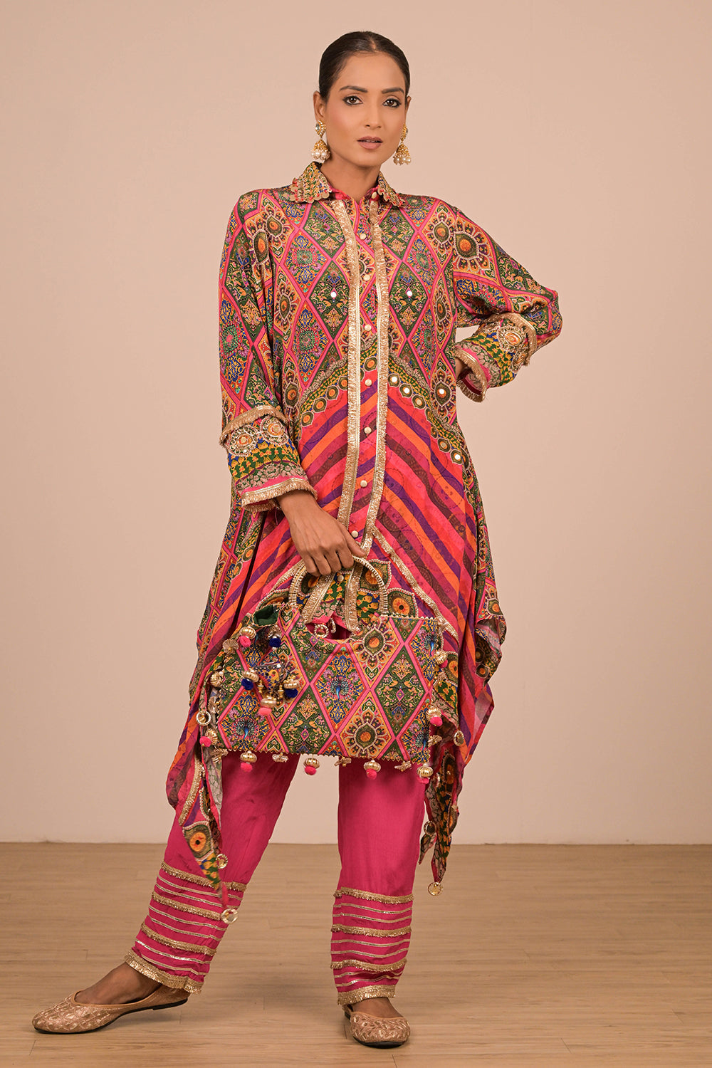 Magenta High-Low Kurta Set In Crepe Fabric with Canvas Tote Bag
