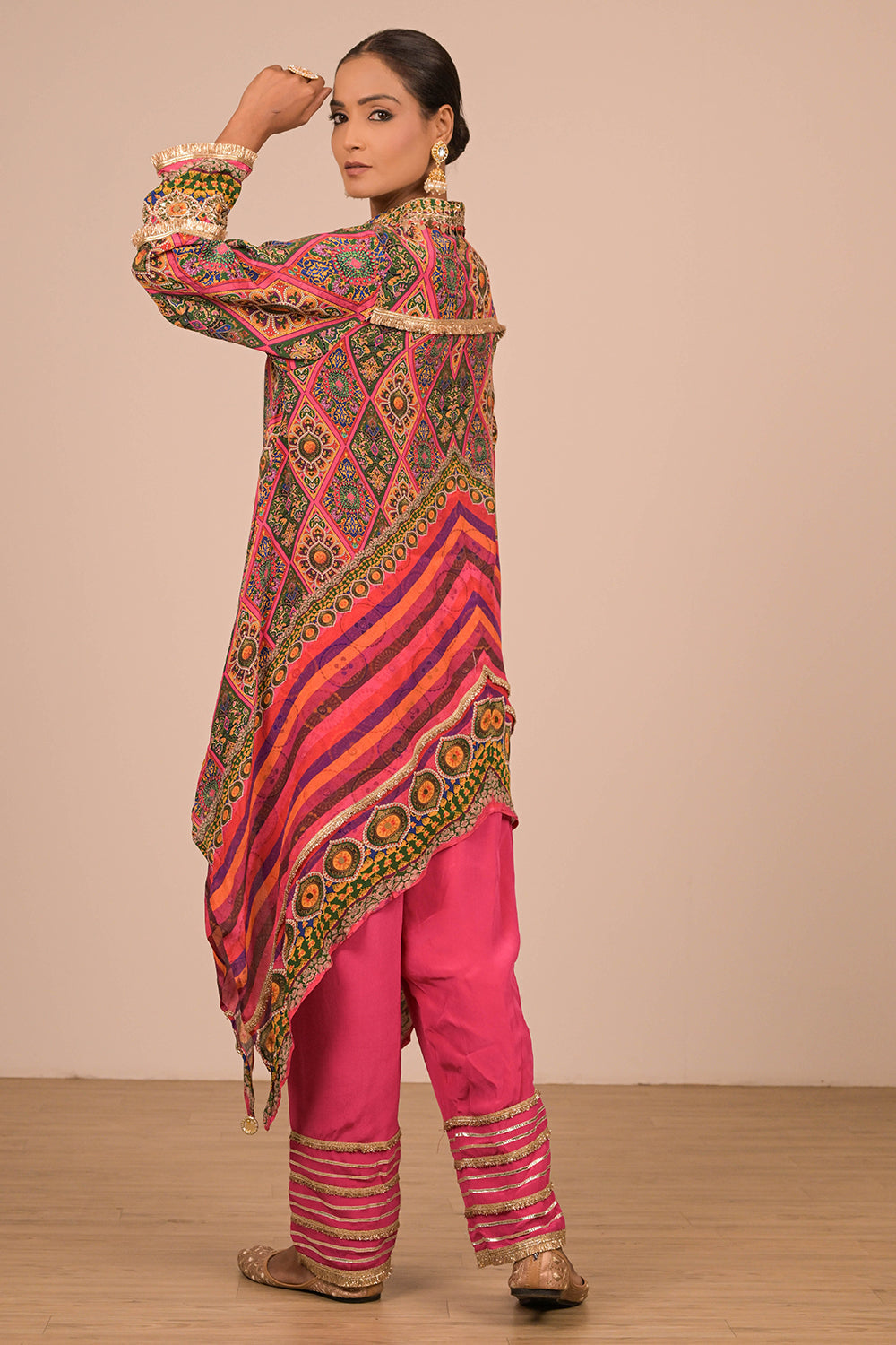 Magenta High-Low Kurta Set In Crepe Fabric with Canvas Tote Bag