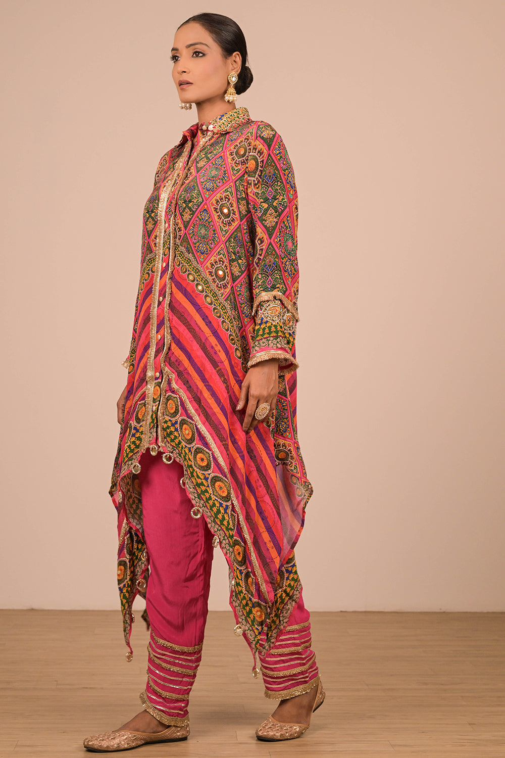Magenta High-Low Kurta Set In Crepe Fabric with Canvas Tote Bag