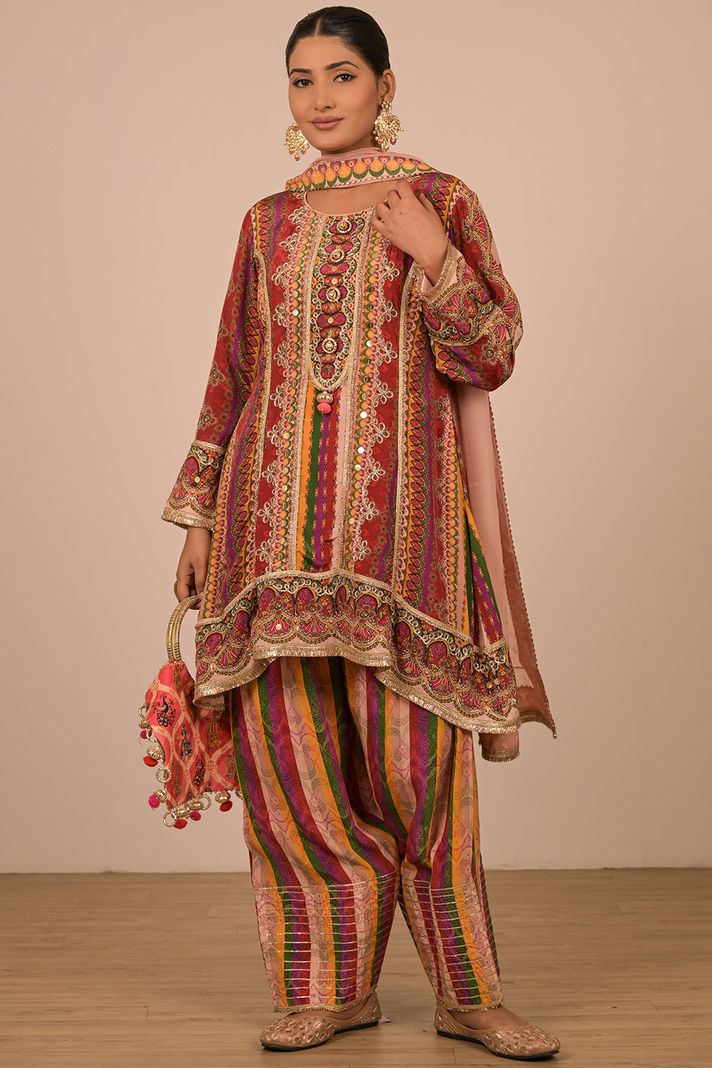 Multicolor Crepe Suit Set with Farsi Salwar with Canvas Tote Bag