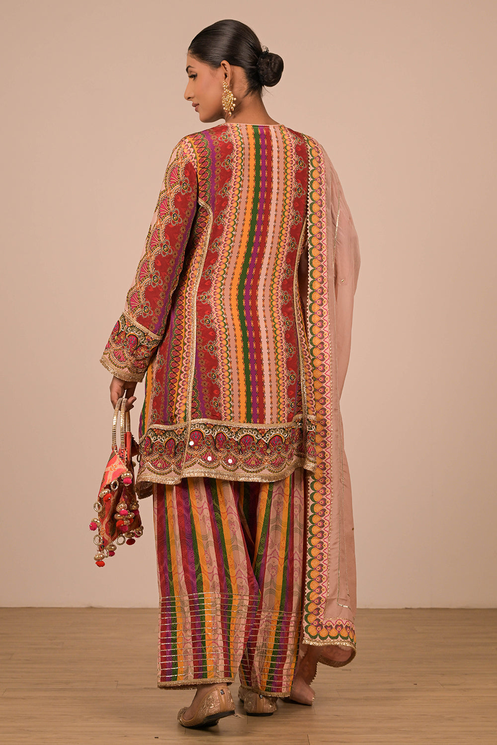 Multicolor Crepe Suit Set with Farsi Salwar with Canvas Tote Bag