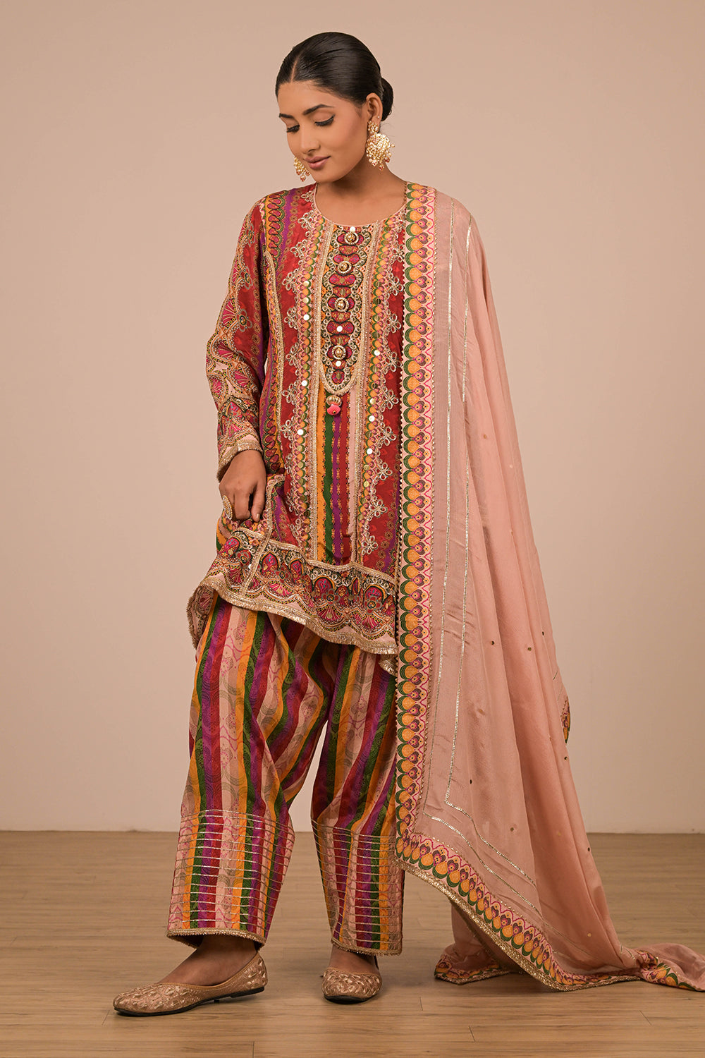 Multicolor Crepe Suit Set with Farsi Salwar with Canvas Tote Bag