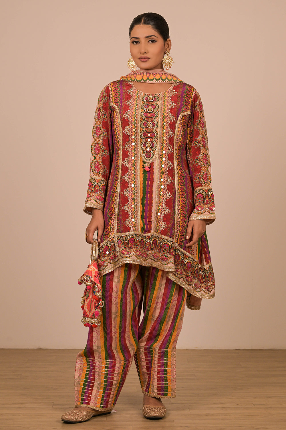 Multicolor Crepe Suit Set with Farsi Salwar with Canvas Tote Bag