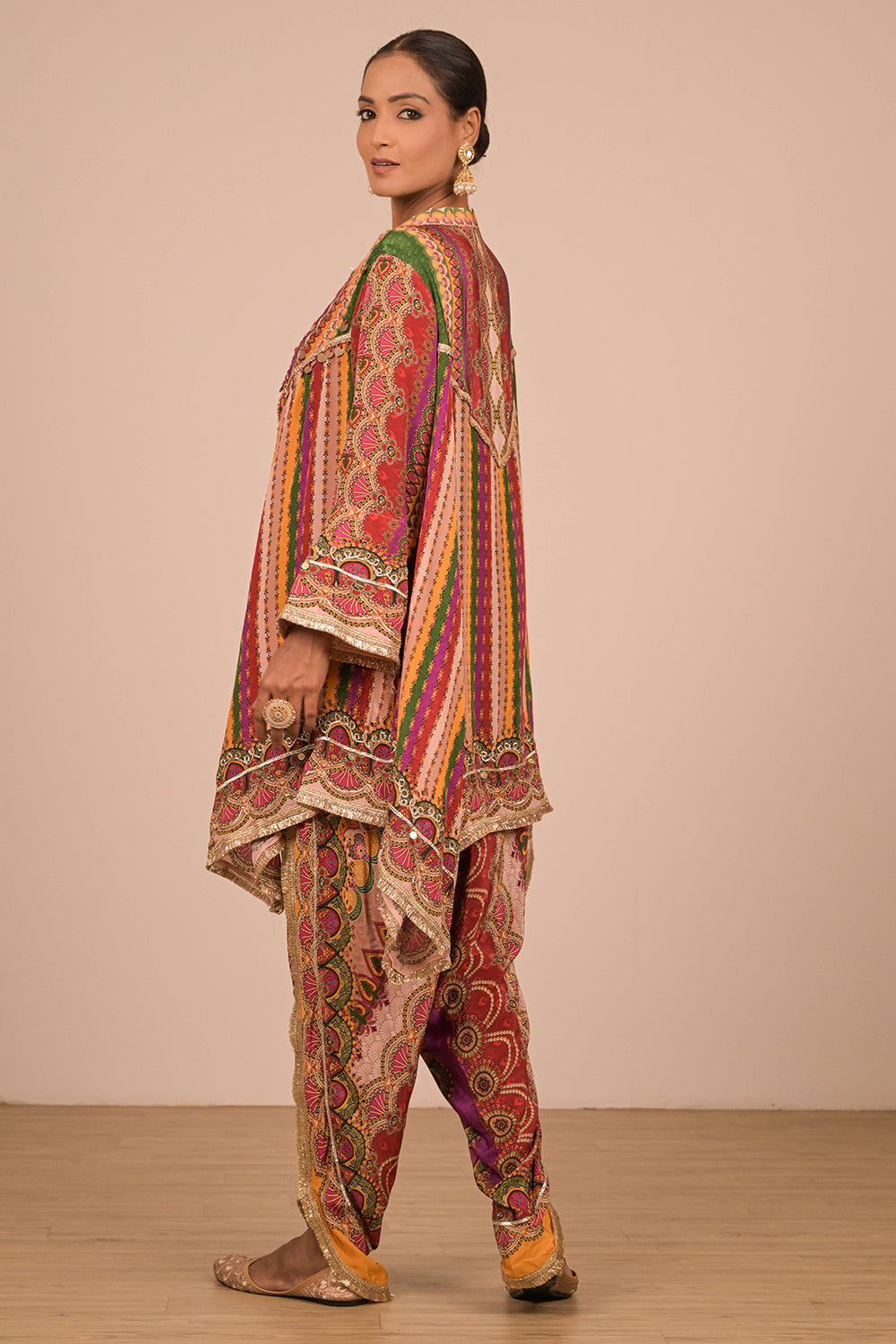 Multicolor Crepe Tulip Pant Suit with Mirror Embroidery and Designer Canvas Tote Bag