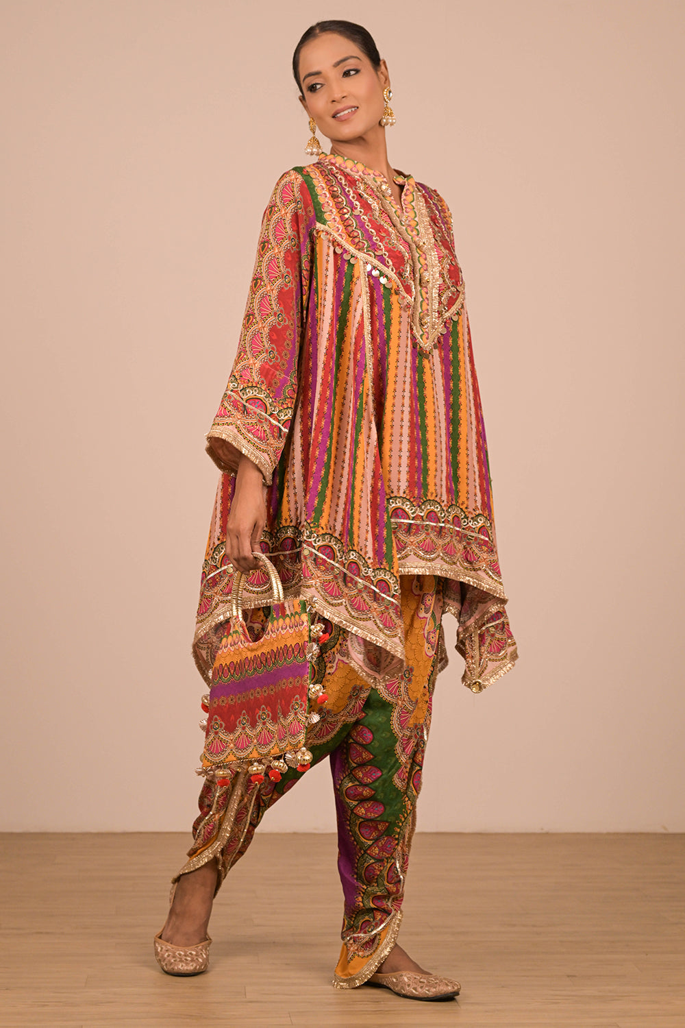 Multicolor Crepe Tulip Pant Suit with Mirror Embroidery and Designer Canvas Tote Bag