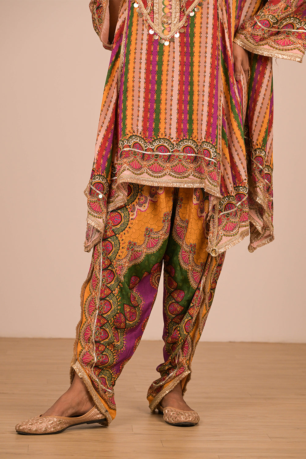 Multicolor Crepe Tulip Pant Suit with Mirror Embroidery and Designer Canvas Tote Bag