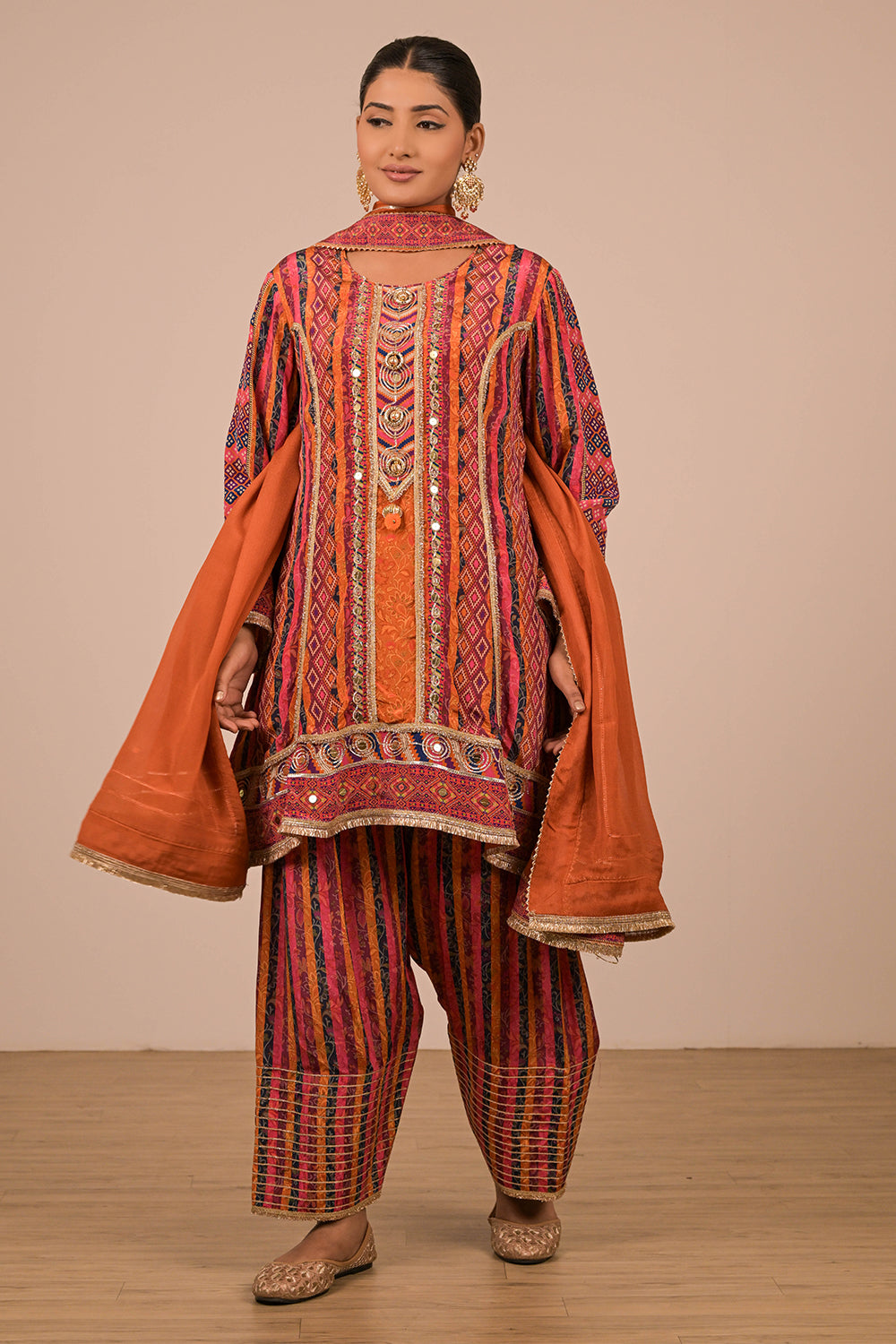 Orange Crepe Suit Set with Farsi Salwar & Tote Bag