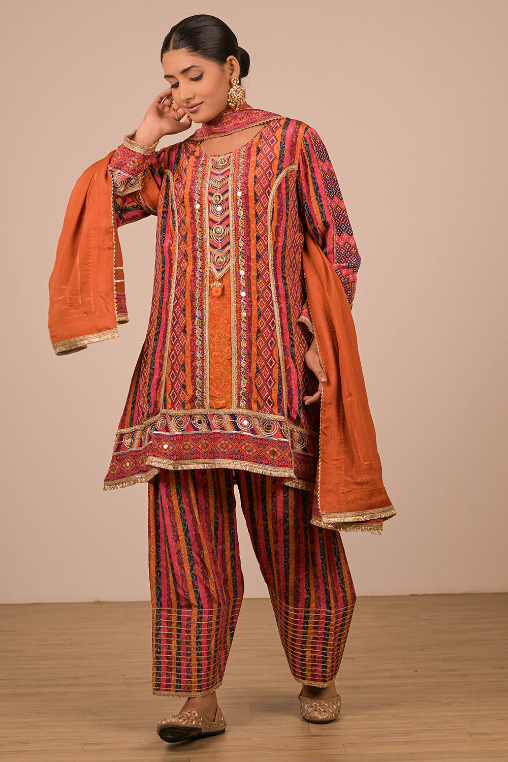 Orange Crepe Suit Set with Farsi Salwar with Canvas Tote Bag