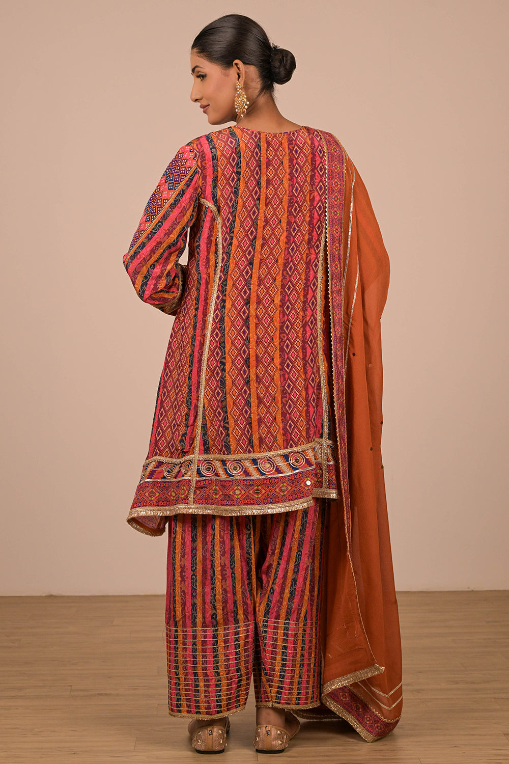 Orange Crepe Suit Set with Farsi Salwar & Tote Bag