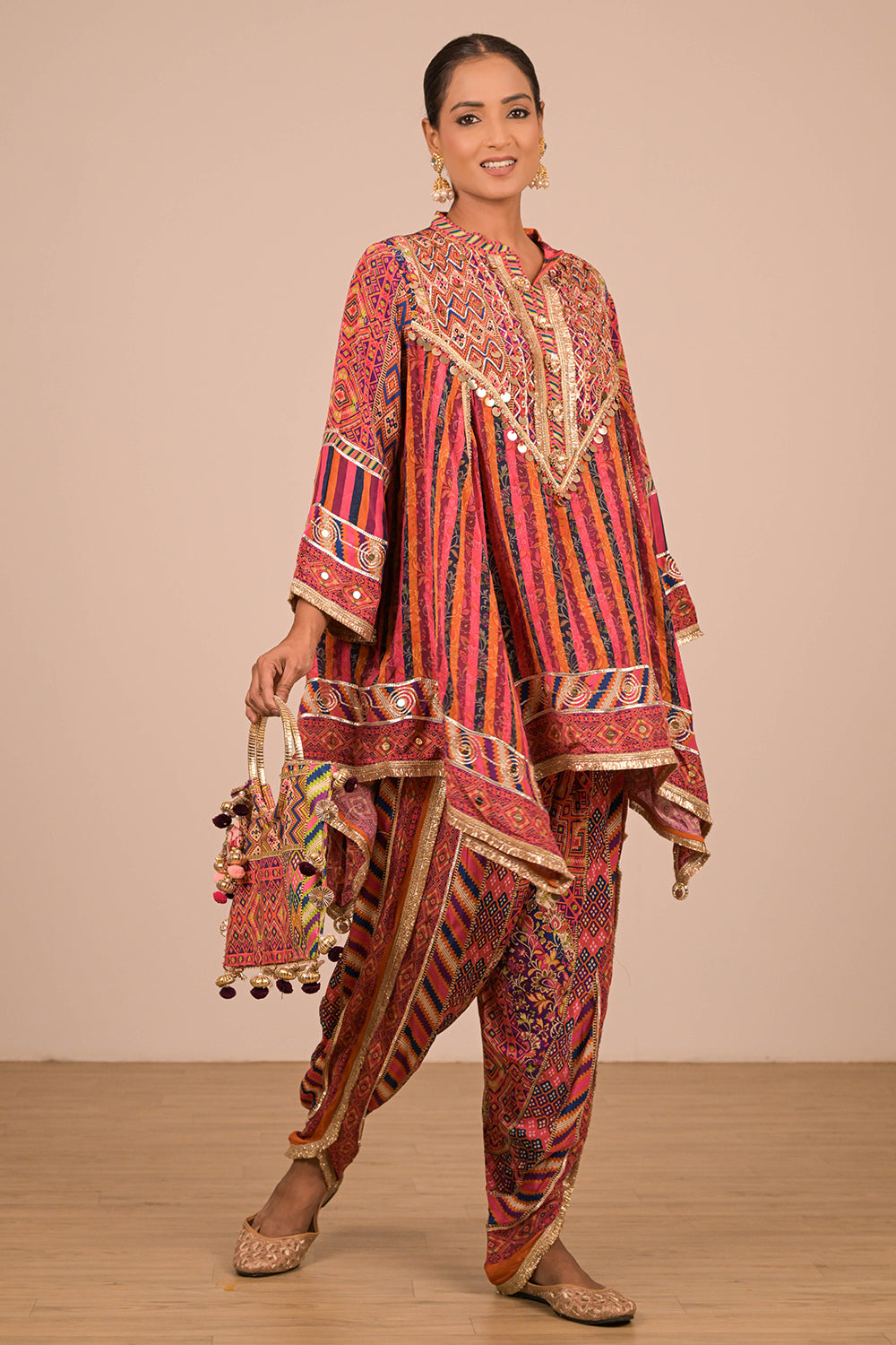 Orange Viscose Crepe Suit Set with Tulip Pants & Tote Bag