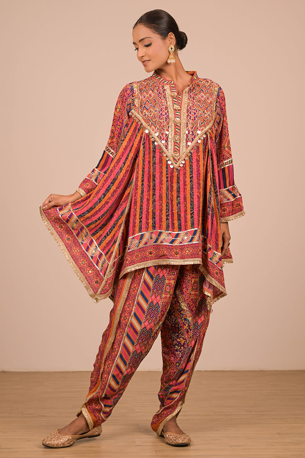 Orange Viscose Crepe Suit Set with Tulip Pants & Tote Bag