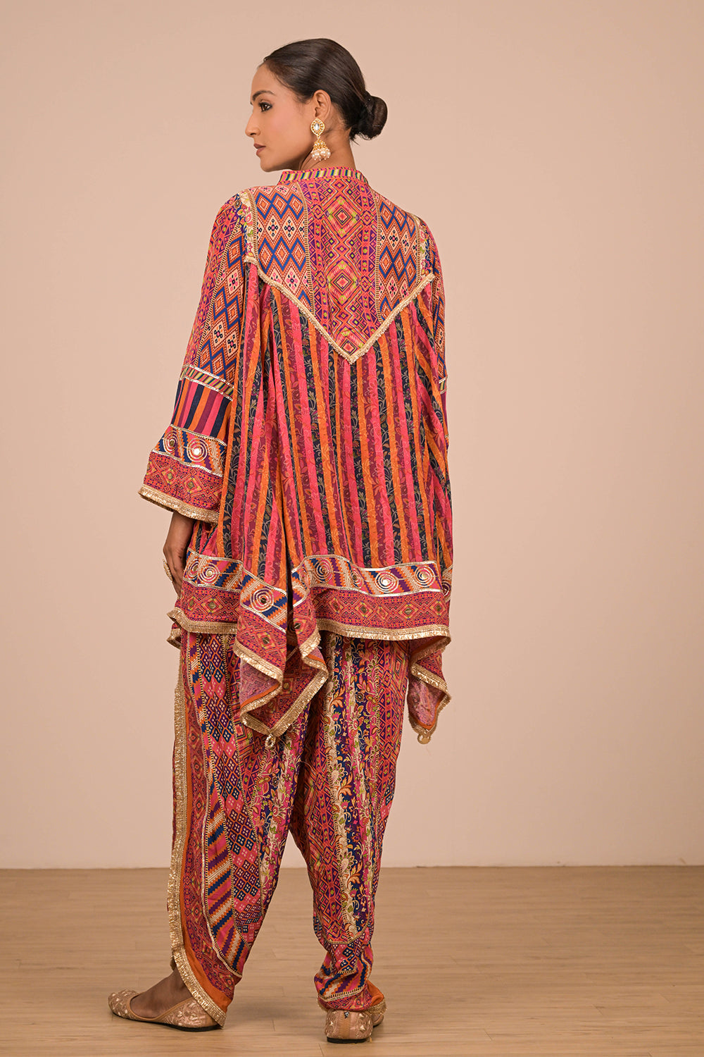 Orange Viscose Crepe Suit Set with Tulip Pants & Tote Bag