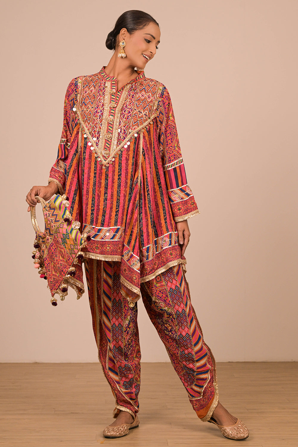 Orange Viscose Crepe Suit Set with Tulip Pants & Tote Bag